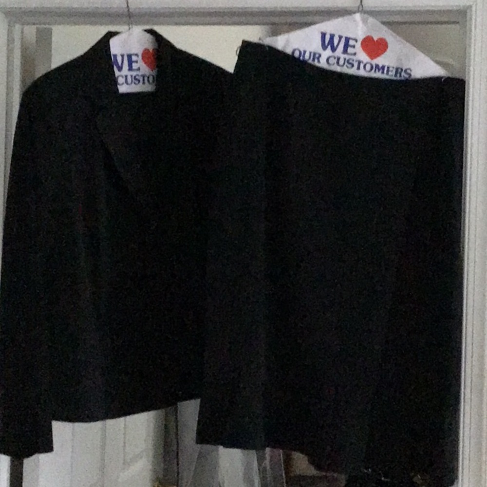 Black suit w white pin stripe, like new